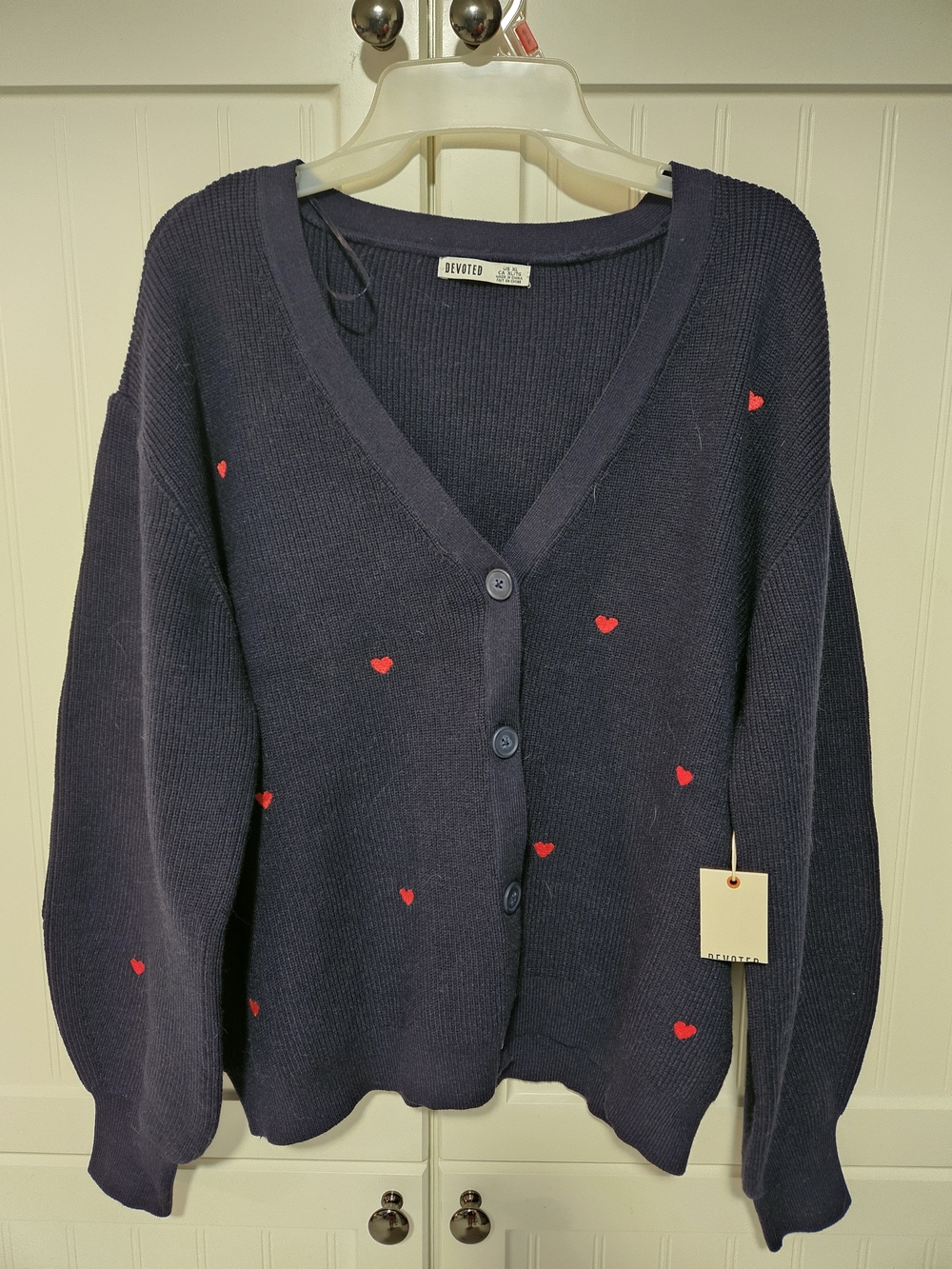 Womens Devoted Navy Cardigan with Red Heart Embroidery